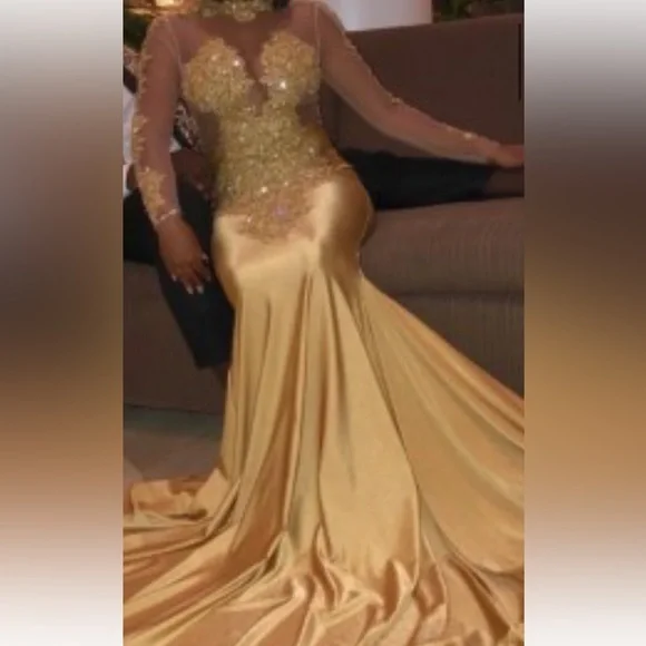 Dresses | New Arrival Gold Long Sleeves Satin Prom Dresses 222satincolor |  Poshmark